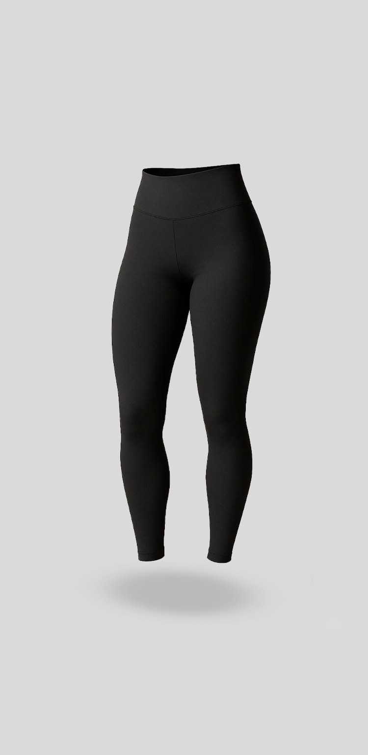 Legging preta em tecido de alta sustentação.