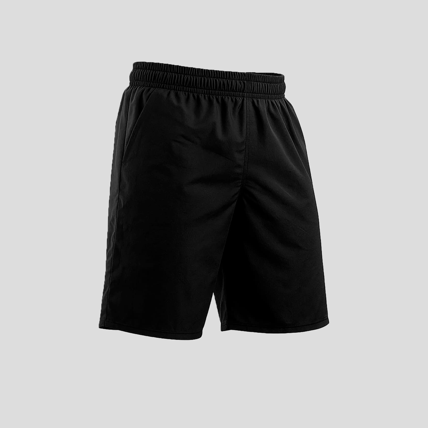 Bermuda de tactel preta com detalhes em branco.